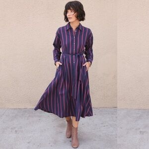 NWT XiRENA 100% Cotton Navy Striped Button Down Striped Belted Maxi Dress S